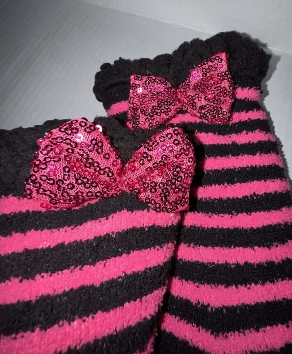 Betsey Johnson Pink and Black Striped Skull Cozy Slipper Socks